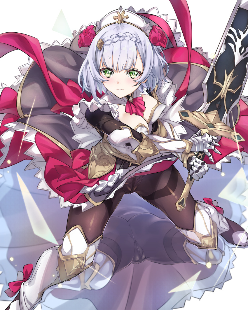 1girl, absurdres, armor, armored_boots, ass, bangs, blunt_bangs, boots, braid, braided_bangs, breasts, closed_mouth, covered_nipples, dress, dress_lift, flower, from_above, gauntlets, genshin_impact, green_eyes, grey_hair, hair_ornament, highres, holding, holding_weapon, maid, maid_headdress, medium_breasts, neckerchief, niko_(tama), noelle_(genshin_impact), red_flower, rose, short_hair, solo, sword, weapon