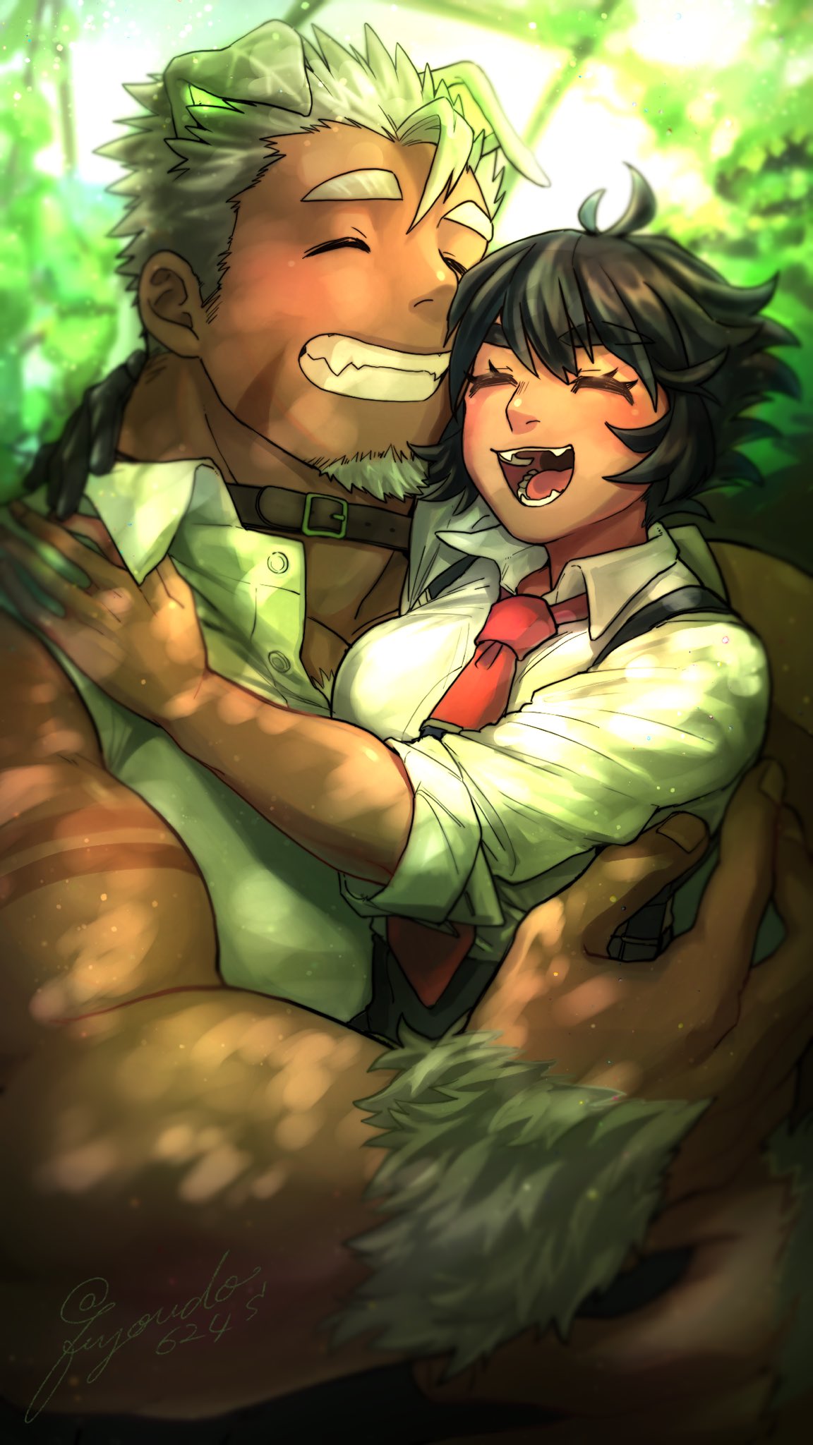 1boy, 1girl, animal_ears, bare_shoulders, black_hair, blush, breasts, butler, carrying, character_request, chest, chest_hair, dog_ears, facial_hair, fuyodo, giant_male, goatee, gomeisa_(live_a_hero), green_eyes, grey_hair, highres, live_a_hero, male_focus, muscle, necktie, short_hair, sideburns, size_difference, sleeveless, smile, tattoo, tribal_tattoo, upper_body