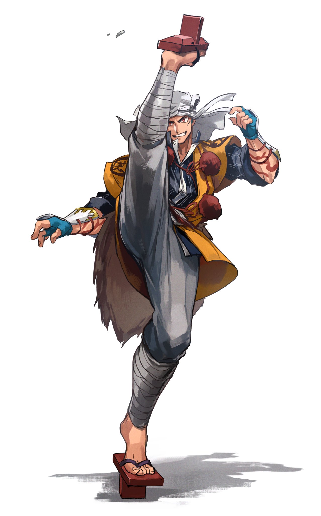 1boy, blue_gloves, cafemoka-septro, fingerless_gloves, gauntlets, geta, gloves, grey_pants, grin, high_kick, highres, kicking, looking_at_viewer, male_focus, pants, red_footwear, scar, simple_background, smile, solo, touken_ranbu, white_background, yamabushi_kunihiro