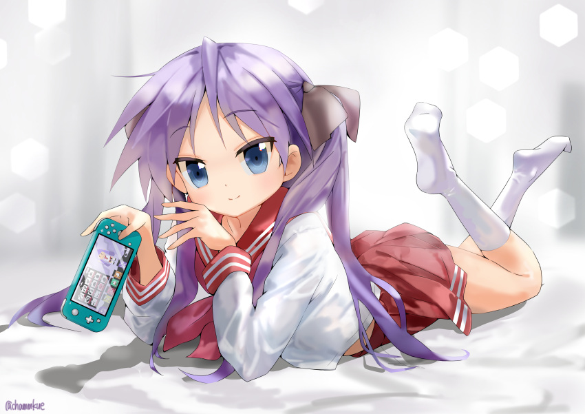 1girl, absurdres, brown_ribbon, chamu_(chammkue), closed_mouth, eyebrows_visible_through_hair, hair_ribbon, handheld_game_console