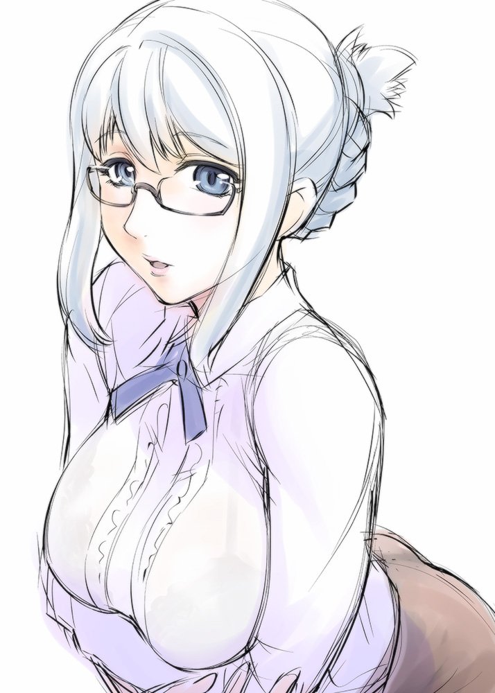 1girl, blue_eyes, breasts, glasses, grey_hair, large_breasts, looking_at_viewer, medium_hair, open_mouth, school_girl_strikers, simple_background, smile, solo, tierra-sensei, ueyama_michirou, white_background
