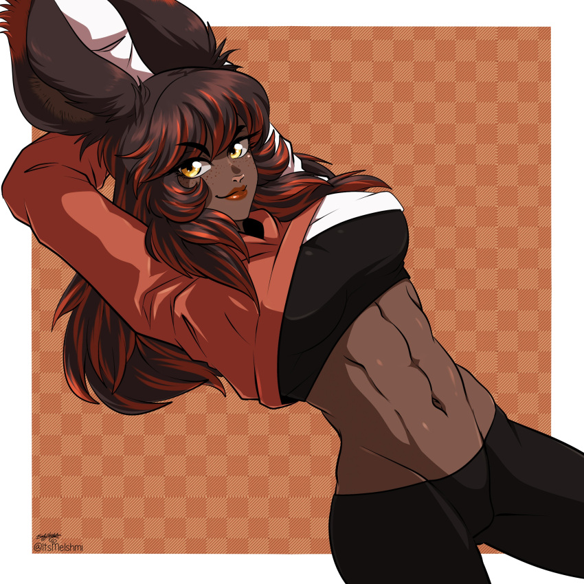 1girl, abs, absurdres, animal_ears, arms_up, bangs, border, breasts, brown_eyes, brown_hair, cowboy_shot, crop_top, cropped_hoodie, dark_skin, dutch_angle, eyebrows_visible_through_hair, final_fantasy, final_fantasy_xiv, highres, hood, hoodie, ishmi, large_breasts, lips, looking_at_viewer, multicolored_hair, navel, outside_border, rabbit_ears, solo, toned, two-tone_hair, viera, white_border