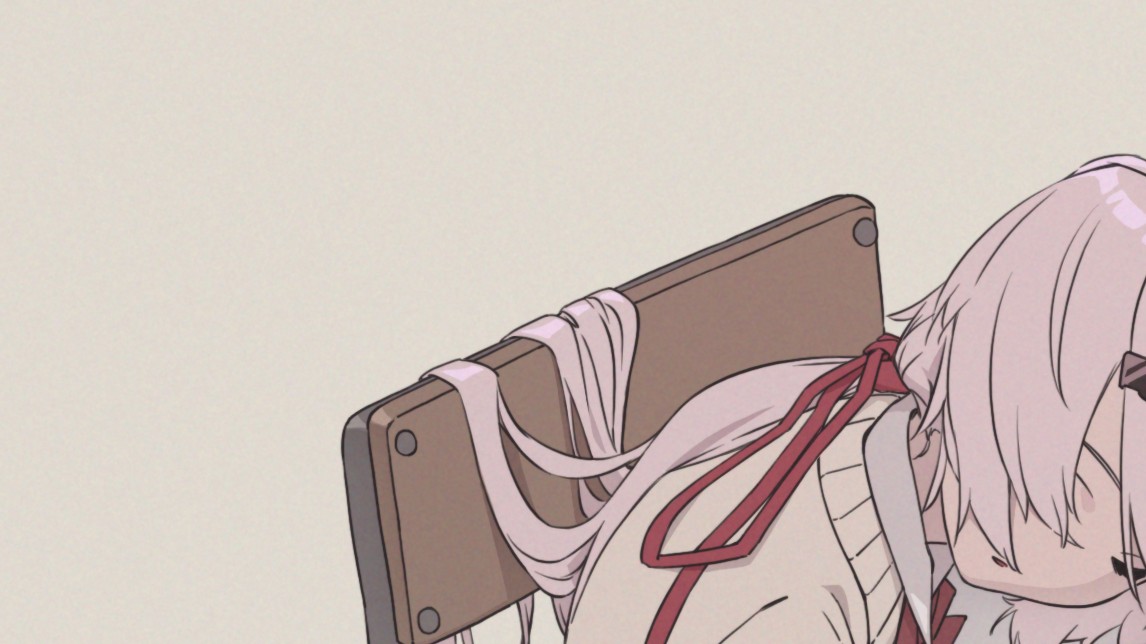 1girl, bangs, brown_background, brown_sweater, chair, closed_eyes, collared_shirt, eyebrows_behind_hair, hair_ornament, hair_over_one_eye, hair_ribbon, hairclip, long_hair, nijisanji, on_chair, out_of_frame, parted_lips, pink_hair, red_ribbon, ribbon, school_chair, shiina_yuika, shirt, simple_background, sirataki_umauma, solo, sweater, virtual_youtuber, white_shirt