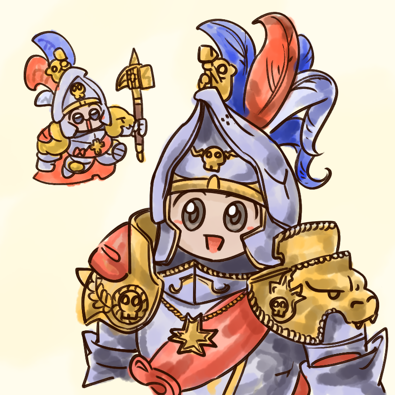 1boy, armor, beige_background, cape, chibi, commission, cross, cross_necklace