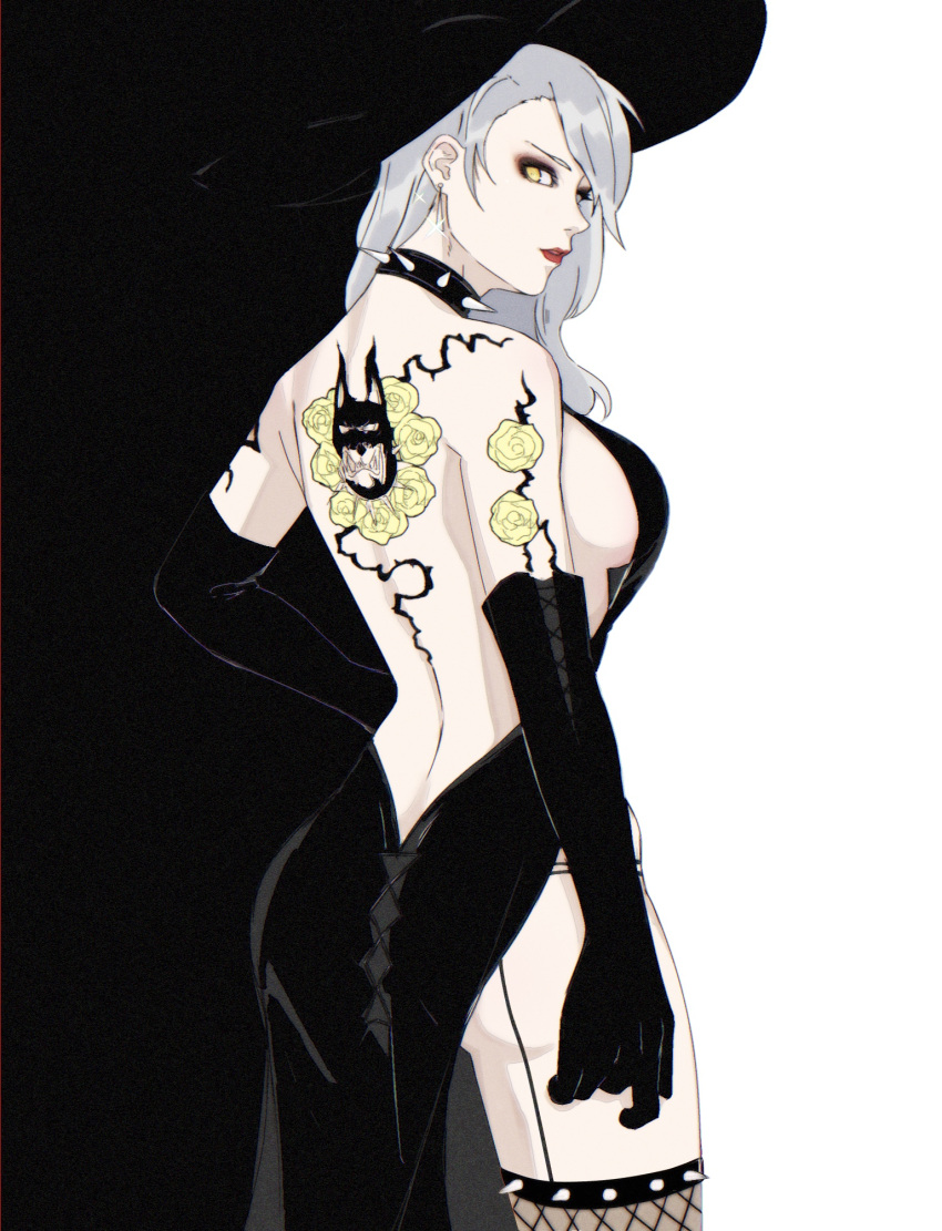 1girl, ass, back_tattoo, backless_dress, backless_outfit, black_dress, black_headwear, breasts