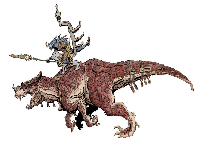 2boys, absurdres, artist_request, blue_scales, carnosaur, claws, dinosaur, english_commentary, gold, gold_armor, grymloq, harness, highres, huge_filesize, korean_commentary, kroq-gar, lizardman, lizardman_(warhammer_fantasy), male_focus, mixed-language_commentary, multiple_boys, no_humans, open_mouth, polearm, profile, prosthesis, prosthetic_arm, red_eyes, red_scales, riding, roaring, running, saddle, saddle_chair, saurus, sharp_teeth, simple_background, sitting, skull, skull_trophies, spear, spikes, teeth, warhammer_fantasy, weapon, white_background, yellow_eyes