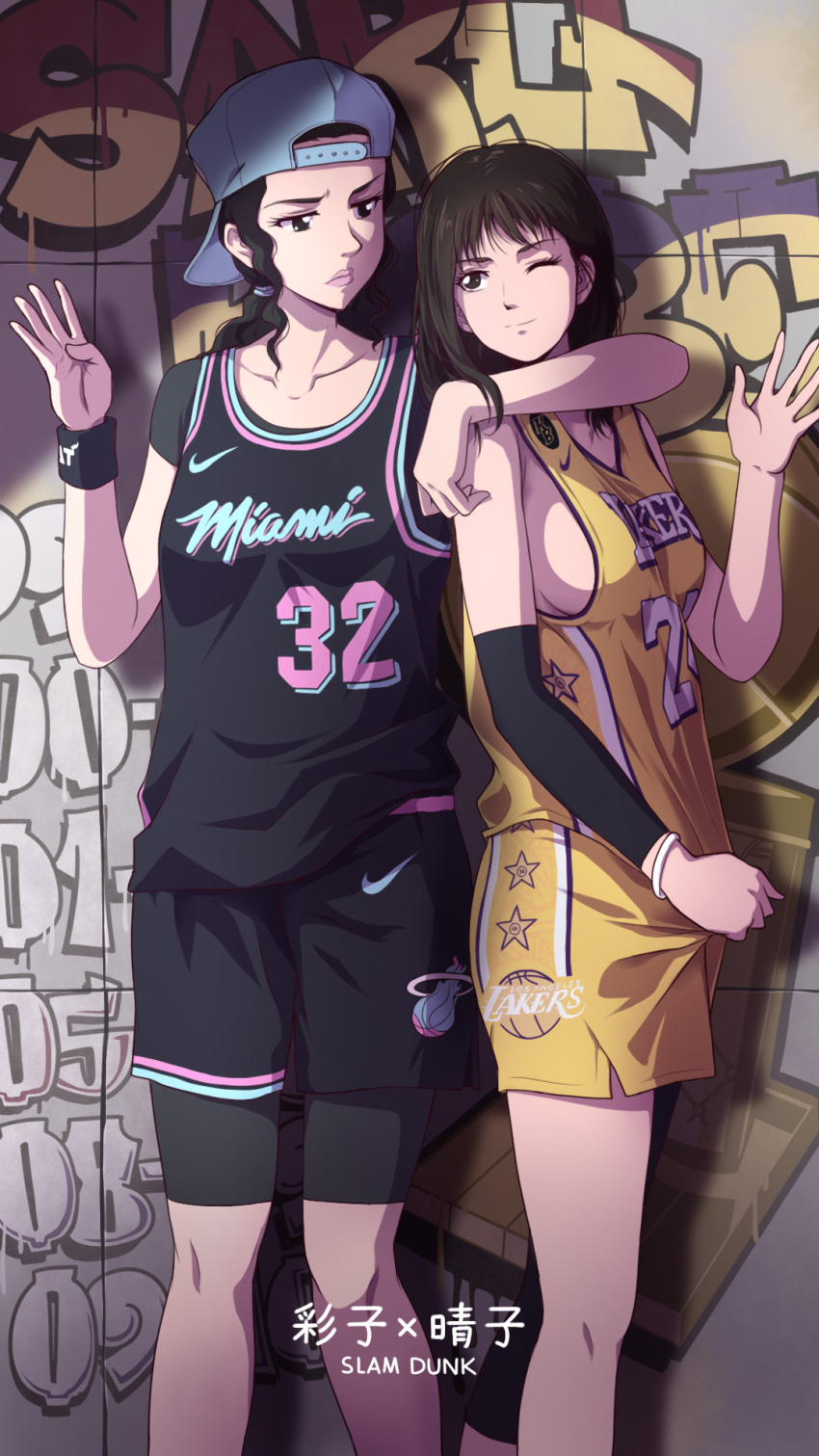 2girls, akagi_haruko, ayako_(slam_dunk), backwards_hat, bangs, baseball_cap, basketball_jersey, basketball_uniform