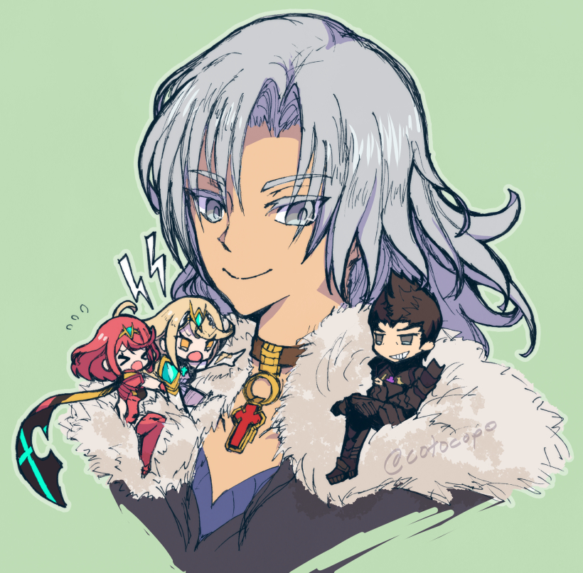 2boys, 2girls, alvis_(xenoblade), black_hair, blonde_hair, chibi, cotocopo, grey_eyes