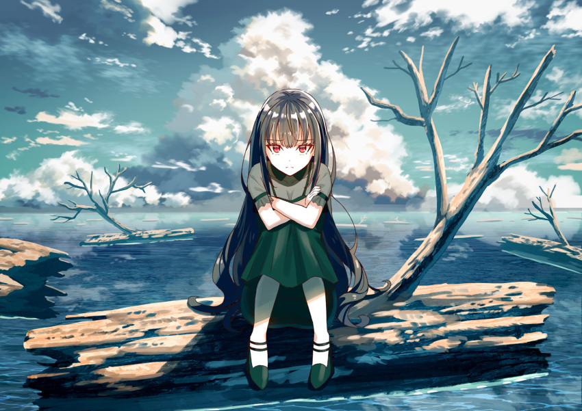 1girl, black_hair, clouds, cloudy_sky, crossed_arms, drifting, highres, hollow_log