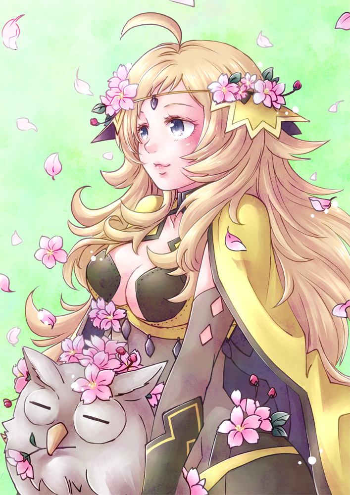 1girl, ahoge, animal, blonde_hair, breasts, cape, circlet, closed_mouth, dark_mage_(fire_emblem_fates), ebi_puri_(ebi-ebi), feh_(fire_emblem_heroes), fire_emblem, fire_emblem_fates, fire_emblem_heroes, flower, grey_eyes, holding, holding_animal, long_hair, looking_to_the_side, medium_breasts, ophelia_(fire_emblem), petals, simple_background