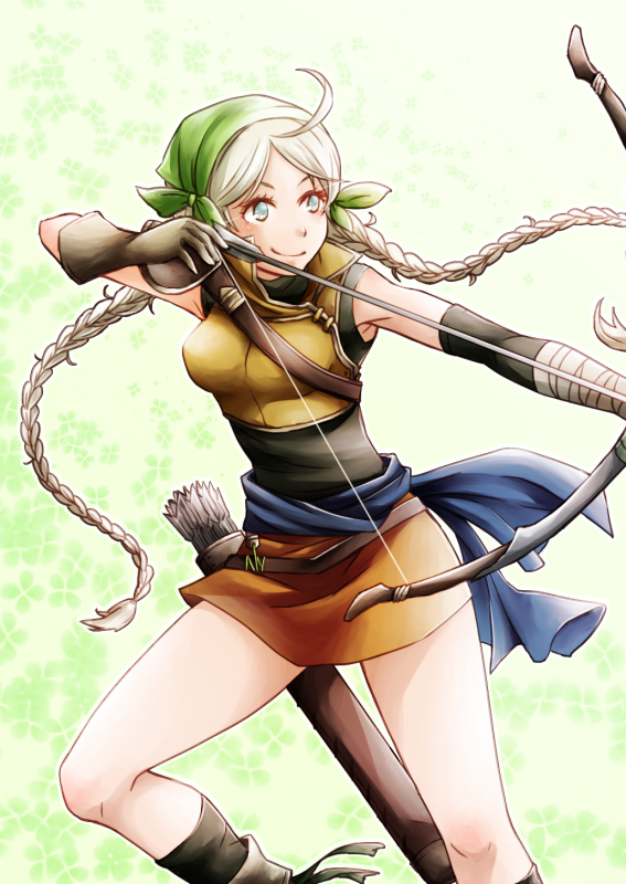 1girl, ahoge, arrow_(projectile), bandages, bandana, blue_eyes, bow_(weapon), braid