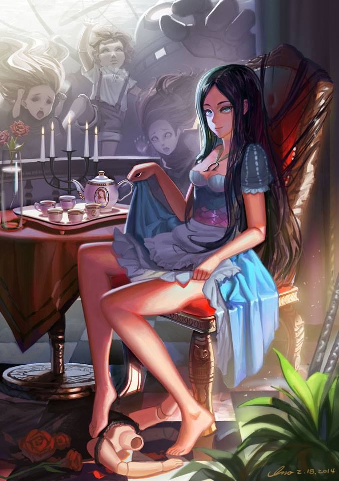 alice:_madness_returns, alice_(wonderland), alice_in_wonderland, american_mcgee's_alice, bioshock, black_hair, breasts, closed_mouth, crossover, doll, dress, feet, inoi, jewelry, jupiter_symbol, long_hair, looking_at_viewer, multiple_boys, multiple_girls, necklace, smile