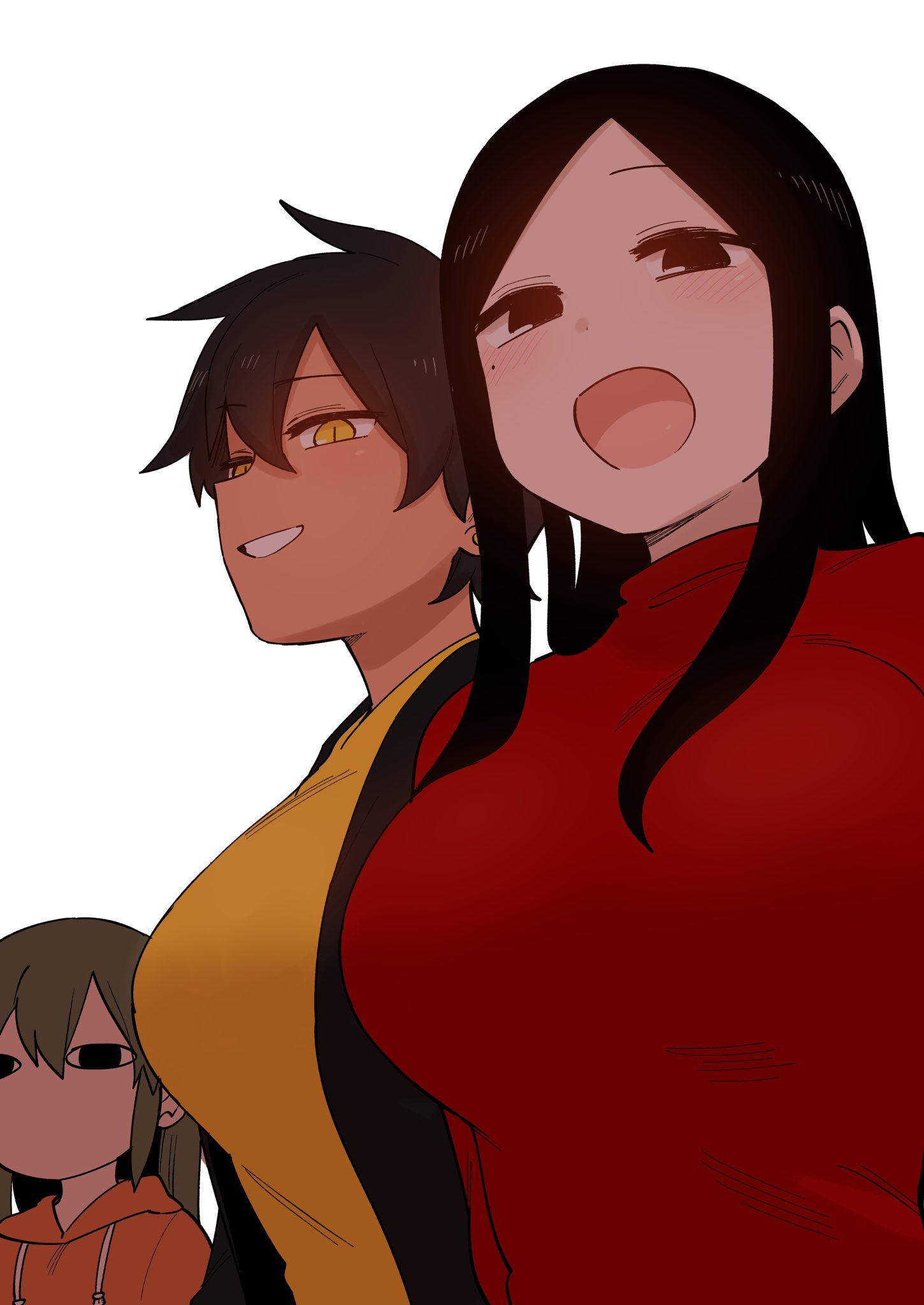 <o>_<o>, 3girls, black_eyes, black_hair, breast_envy, breasts, breasts_day, green_hair