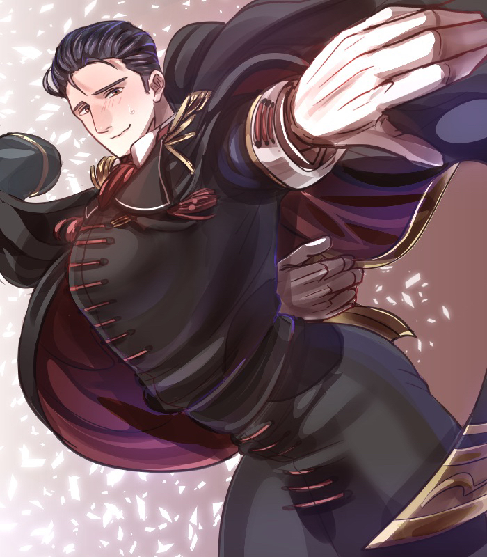 1boy, alternate_costume, arms_behind_back, black_eyes, black_hair, black_shirt, cape, closed_mouth
