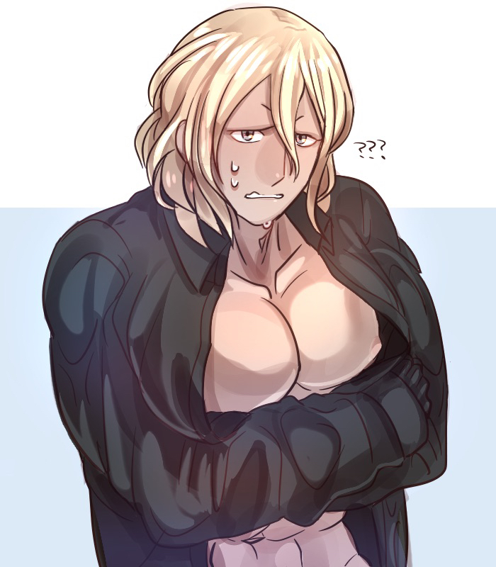 1boy, ?, bara, black_shirt, blonde_hair, confused, crossed_arms, fire_emblem, grey_eyes, long_hair, looking_to_the_side, muscle, nonbiri_monban, pectorals, scared, shirt, simple_background, sweat, teeth, upper_body, worried