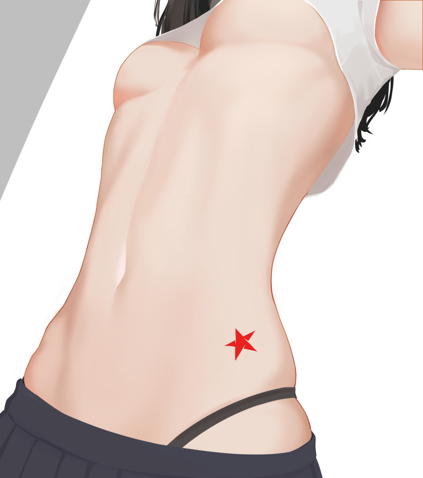 1girl, absurdres, black_skirt, breasts, brown_hair, close-up, commentary_request, crop_top