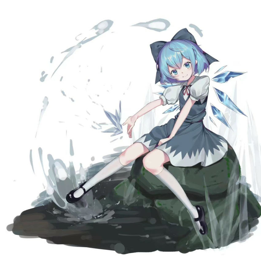 1girl, aiza-ku, blue_eyes, blue_hair, bow, cirno, hair_bow, ice