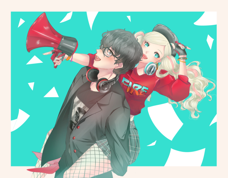1boy, 1girl, amamiya_ren, baseball_cap, black_hair, blonde_hair, blue_eyes, fishnet_legwear, fishnets, glasses, guririries, hat, headphones, headphones_around_neck, megaphone, persona, persona_5, takamaki_anne