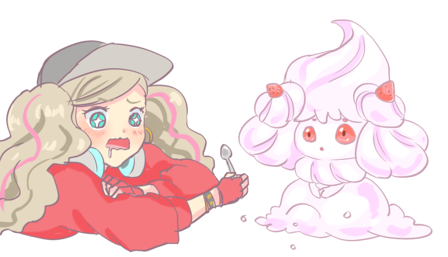 alcremie, alcremie_(strawberry_sweet), baseball_cap, blonde_hair, blue_eyes, crossover, gen_8_pokemon, guririries, hat, hungry, persona, persona_5, persona_5:_dancing_star_night, persona_dancing, pokemon, pokemon_(creature), pokemon_(game), pokemon_swsh, red_shirt, shirt, spoon, takamaki_anne