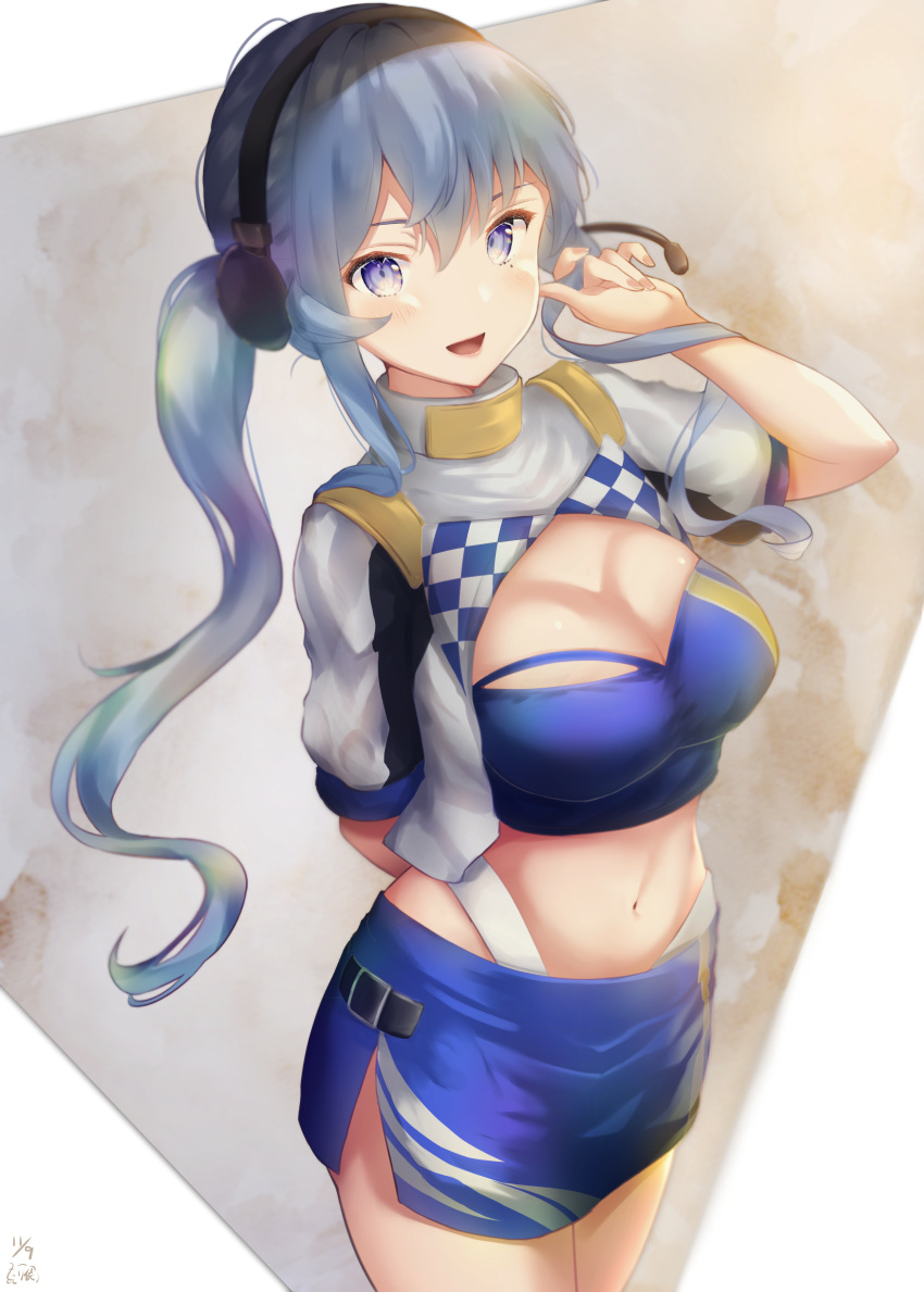 1girl, :d, absurdres, bandeau, blue_eyes, blue_hair, blue_skirt, blush