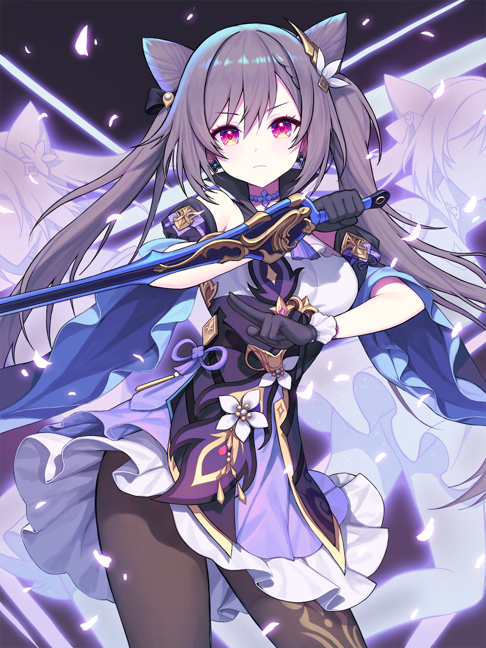 1girl, black_gloves, breasts, brown_legwear, choker, cowboy_shot, detached_sleeves, dress