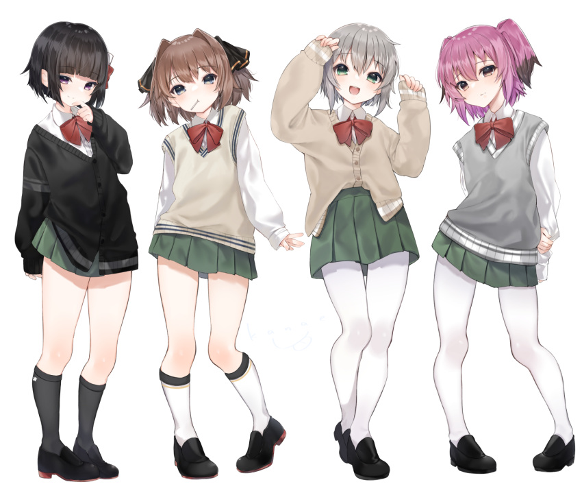 4girls, :d, bangs, black_footwear, black_hair, black_ribbon, blue_eyes, blush, bow, bowtie, brown_hair, cardigan, closed_mouth, commentary_request, eyebrows_visible_through_hair, full_body, green_eyes, green_skirt, hachijou_(kantai_collection), hair_ornament, hair_ribbon, highres, inorin05kanae, ishigaki_(kantai_collection), kantai_collection, kneehighs, kunashiri_(kantai_collection), loafers, long_sleeves, looking_at_viewer, multiple_girls, open_mouth, pantyhose, pleated_skirt, red_bow, red_neckwear, ribbon, school_uniform, shimushu_(kantai_collection), shirt, shoes, short_hair, skirt, sleeves_past_wrists, smile, standing, sweater_vest, two_side_up, violet_eyes, white_background, white_legwear, white_shirt