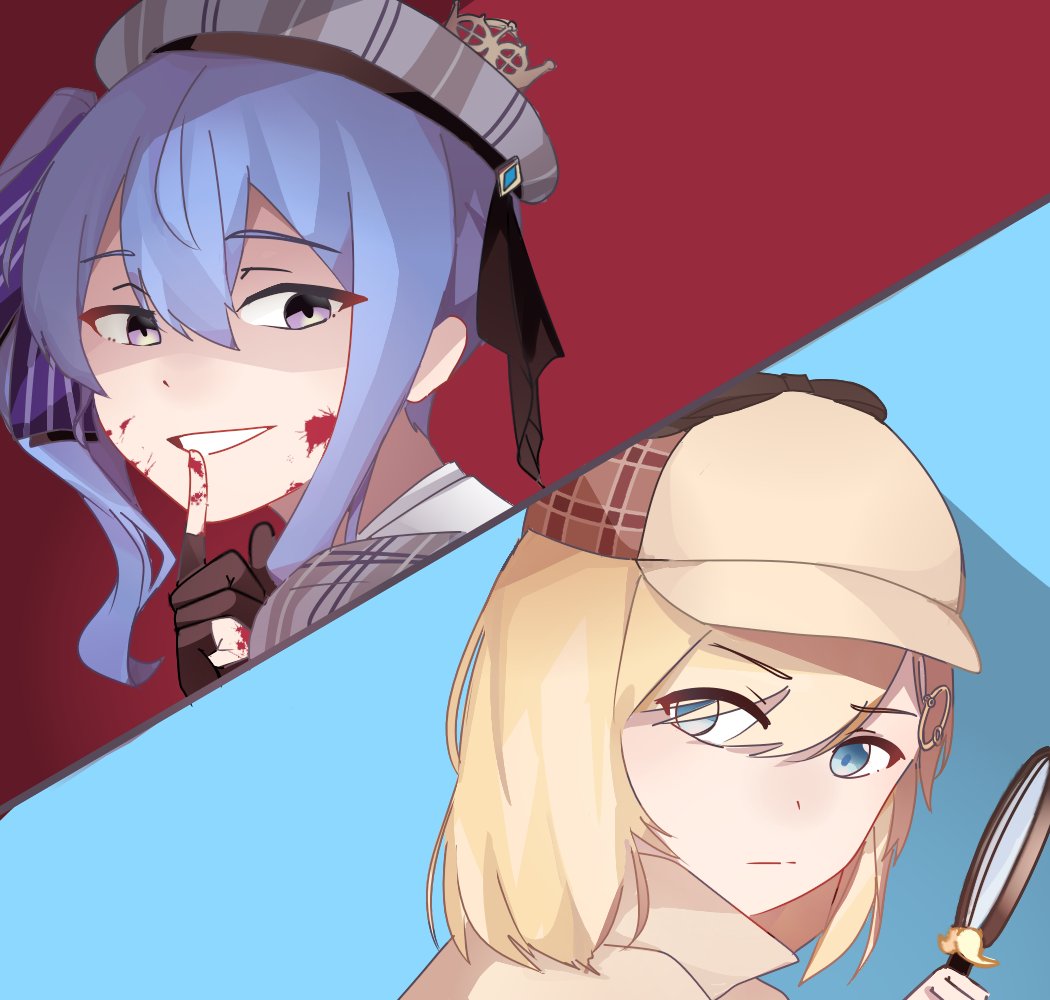 2girls, blood, blood_on_face, blood_splatter, blue_eyes, blue_hair, english_commentary, finger_to_mouth