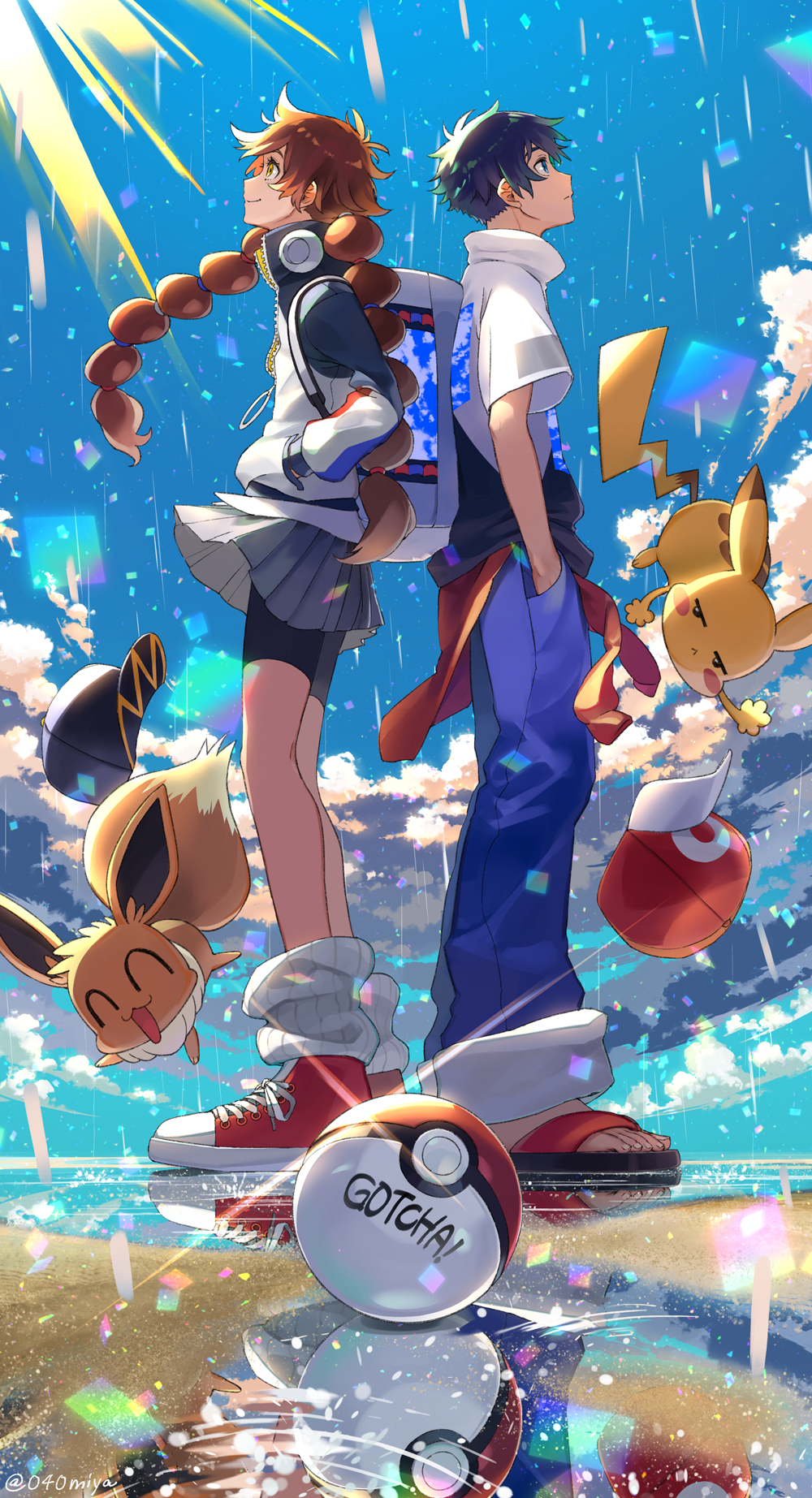 1boy, 1girl, :<, artist_name, back-to-back, baseball_cap, bike_shorts, black_hair