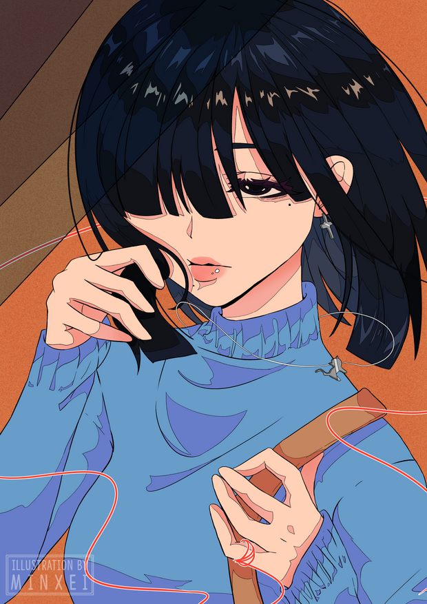 1girl, black_eyes, black_hair, cross, cross_earrings, earrings, hair_over_one_eye, jewelry