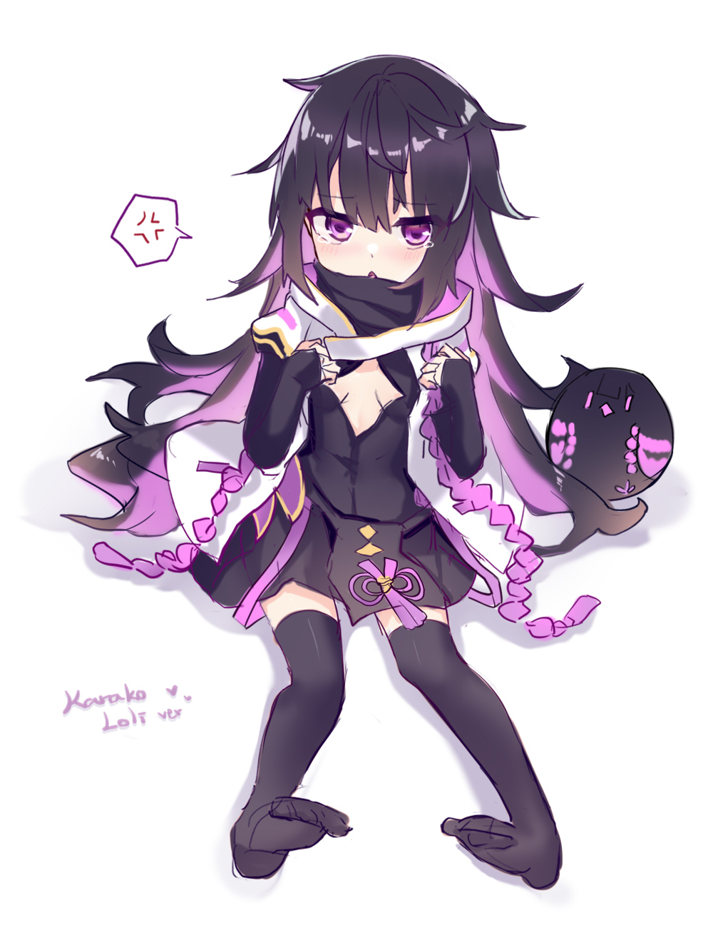 1girl, anger_vein, bangs, black_dress, black_hair, black_legwear, blush, commentary