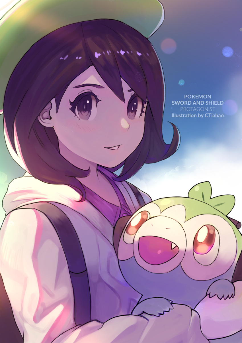 1girl, artist_name, backpack, bag, blush, brown_eyes, brown_hair, buttons