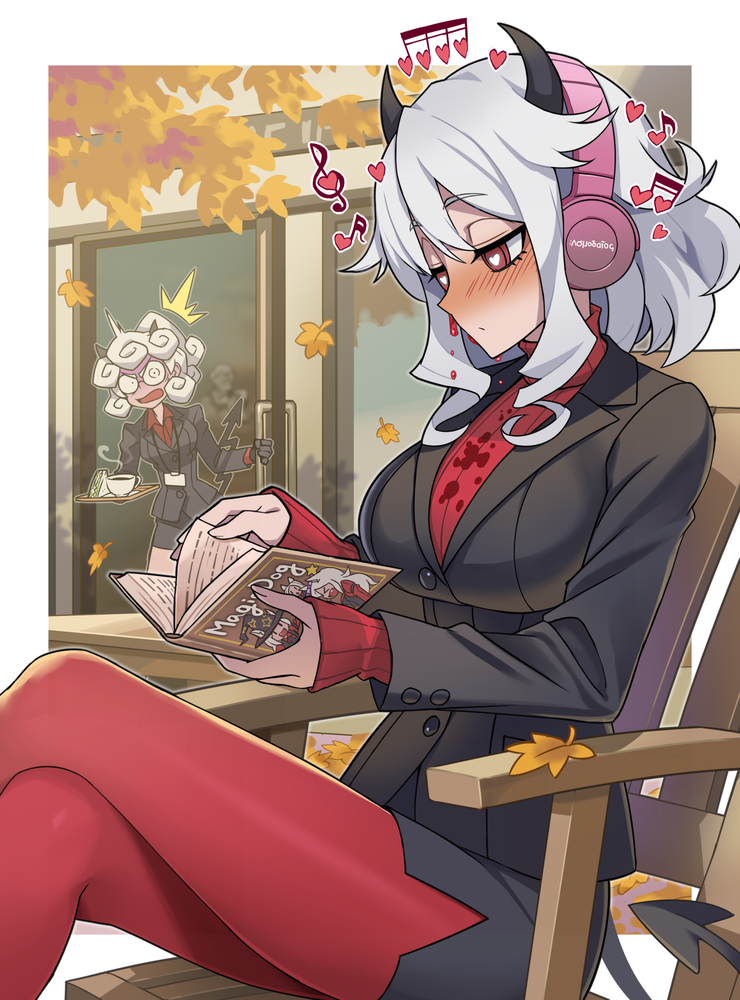 2girls, black_horns, blood, blush, book, breasts, cerberus_(helltaker), commentary_request