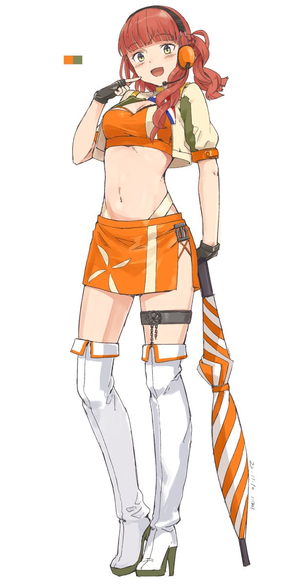 1girl, artist_name, bandeau, black_gloves, blush, boots, brown_hair, cosplay