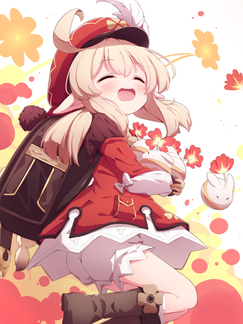 1girl, :d, ^_^, ahoge, backpack, bag, bloomers, blush