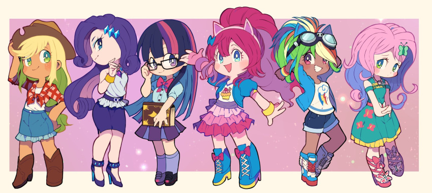 6+girls, animal_ears, applejack, arms_behind_head, blonde_hair, blue_bow, blue_eyes, blue_footwear