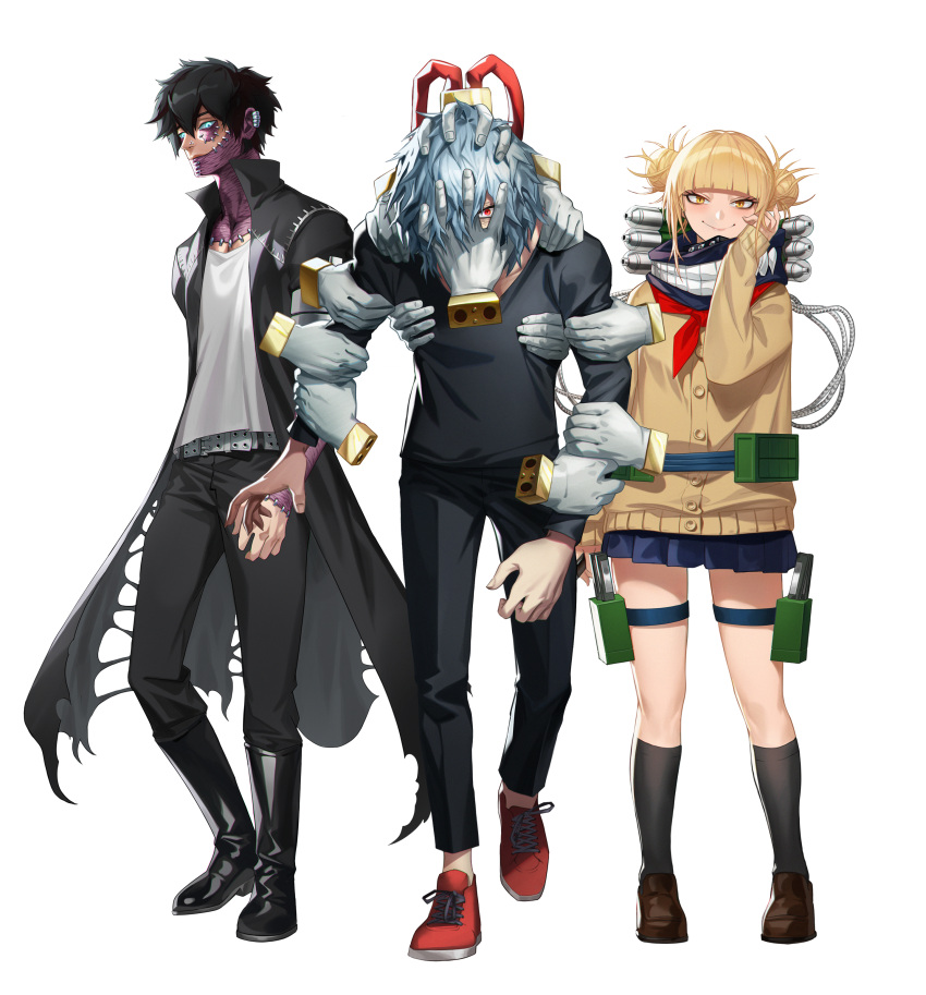 1girl, 2boys, absurdres, arm_grab, bangs, belt, black_footwear, black_hair