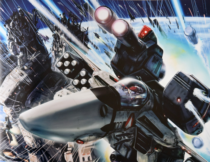 1boy, alien, battle, choujikuu_yousai_macross, clouds, cockpit, damaged, debris