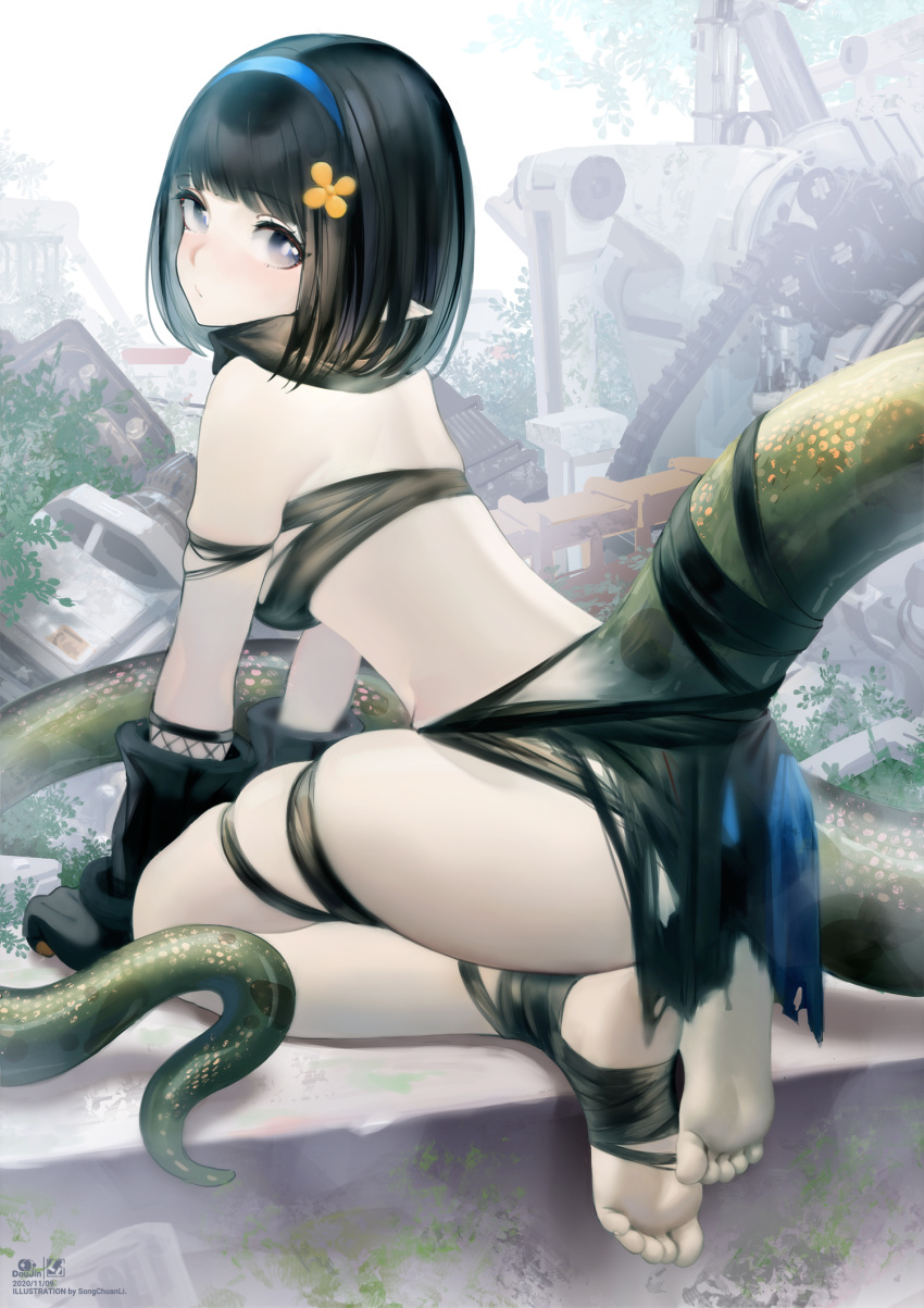 1girl, arknights, artist_name, backlighting, bandaged_leg, bandages, bangs, barefoot