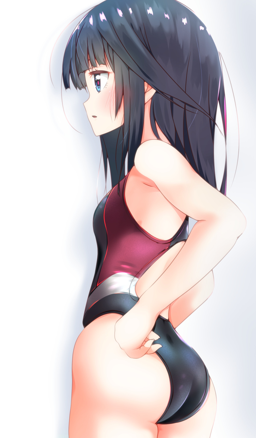 1girl, agatsuma_kaede, alice_gear_aegis, ass, black_hair, black_swimsuit, blue_eyes, commentary_request