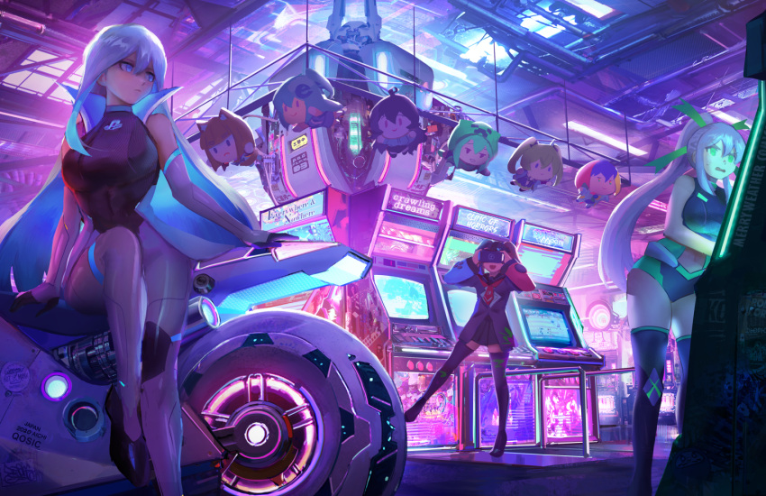 3girls, arcade, arcade_cabinet, black_leotard, blue_eyes, blue_hair, breasts, character_doll