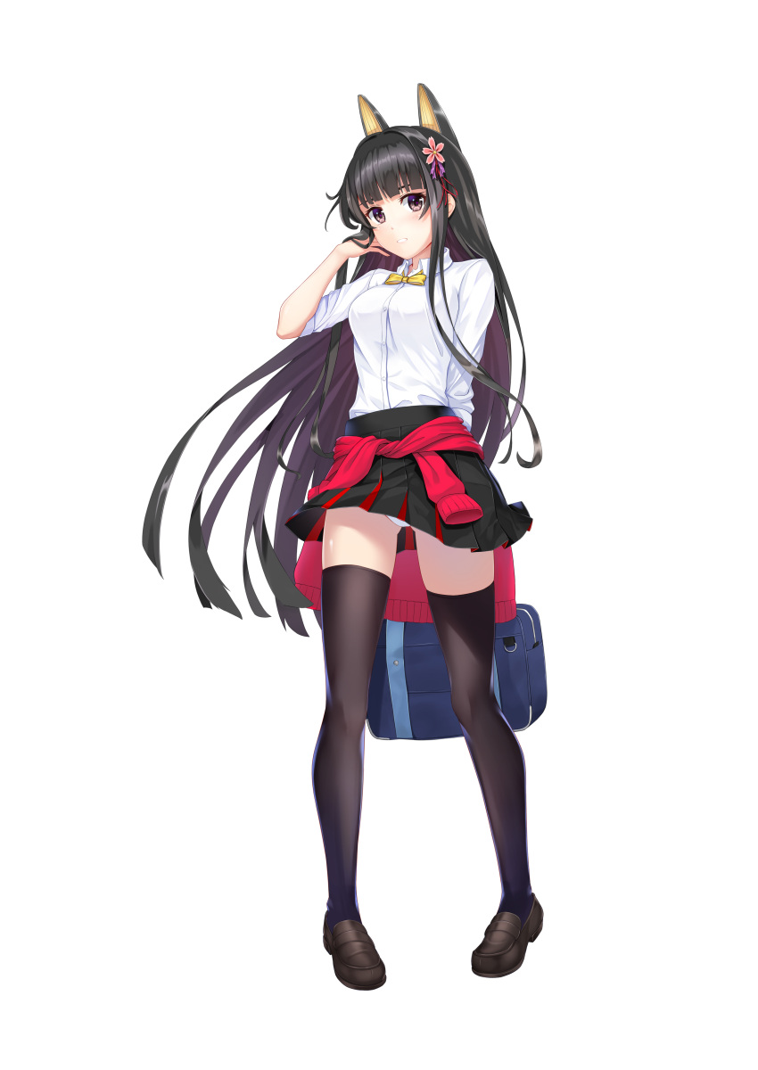 1girl, absurdres, akagi_(warship_girls_r), alternate_costume, atm_(pixiv6921541), bangs, black_footwear, black_hair, black_legwear, black_skirt, blunt_bangs, brown_eyes, clothes_around_waist, full_body, hair_ornament, headgear, highres, hime_cut, loafers, long_hair, long_sleeves, miniskirt, panties, pleated_skirt, remodel_(warship_girls_r), shirt, shoes, skirt, sleeves_rolled_up, solo, standing, sweater, sweater_around_waist, thigh-highs, underwear, very_long_hair, warship_girls_r, white_panties, white_shirt