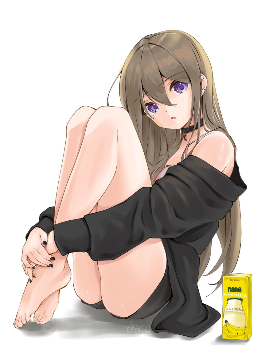 1girl, atelier_live, banana_milk, barefoot, black_choker, black_nails, black_shorts, bra_strap, brown_hair, chaesu, choker, commentary, english_commentary, fingernails, full_body, highres, leg_hug, long_hair, looking_at_viewer, nail_polish, nanatsuki_nana, off_shoulder, short_shorts, shorts, solo, spaghetti_strap, violet_eyes, virtual_youtuber
