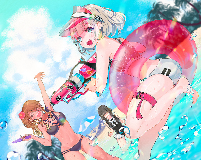 3girls, bangs, beach, beach_umbrella, bikini, black_bikini, black_hair, black_swimsuit