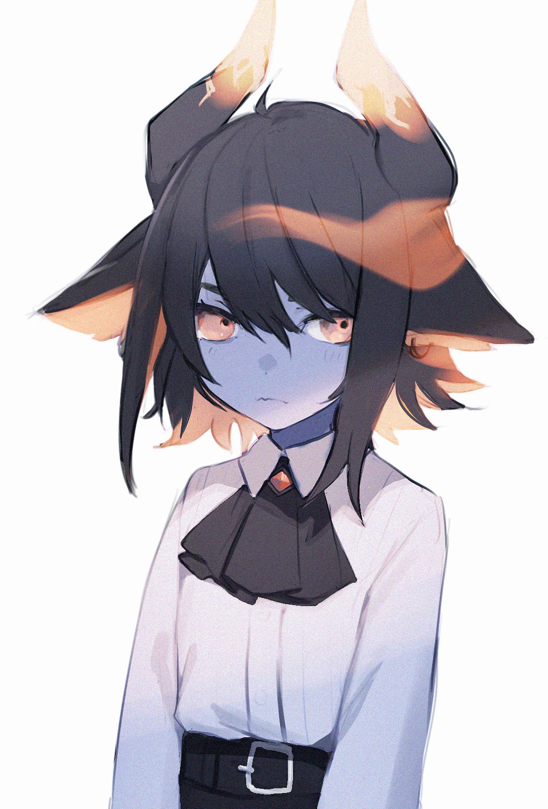 1girl, animal_ears, ascot, belt, black_hair, black_neckwear, blue_skin, closed_mouth