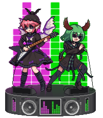 2girls, alternate_costume, animal_ears, bangs, bird_wings, black_dress, black_footwear, black_headwear