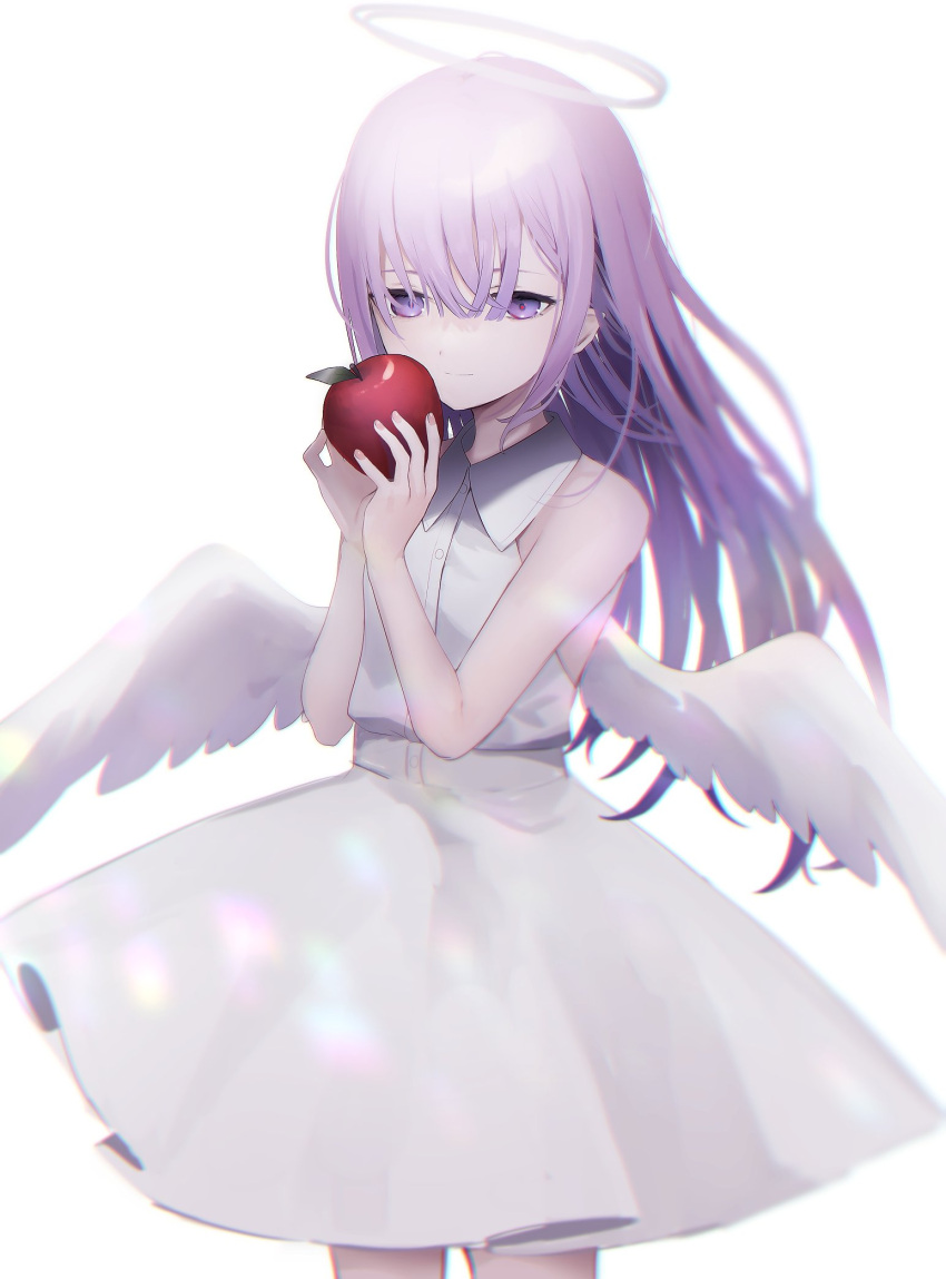 1girl, angel, angel_wings, apple, closed_mouth, cowboy_shot, dress, feathered_wings