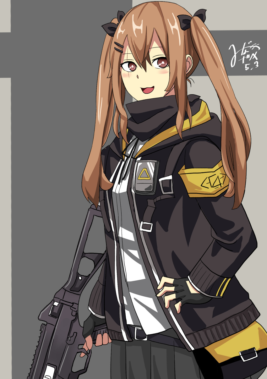 1girl, absurdres, armband, artist_name, assault_rifle, belt, black_belt, black_gloves