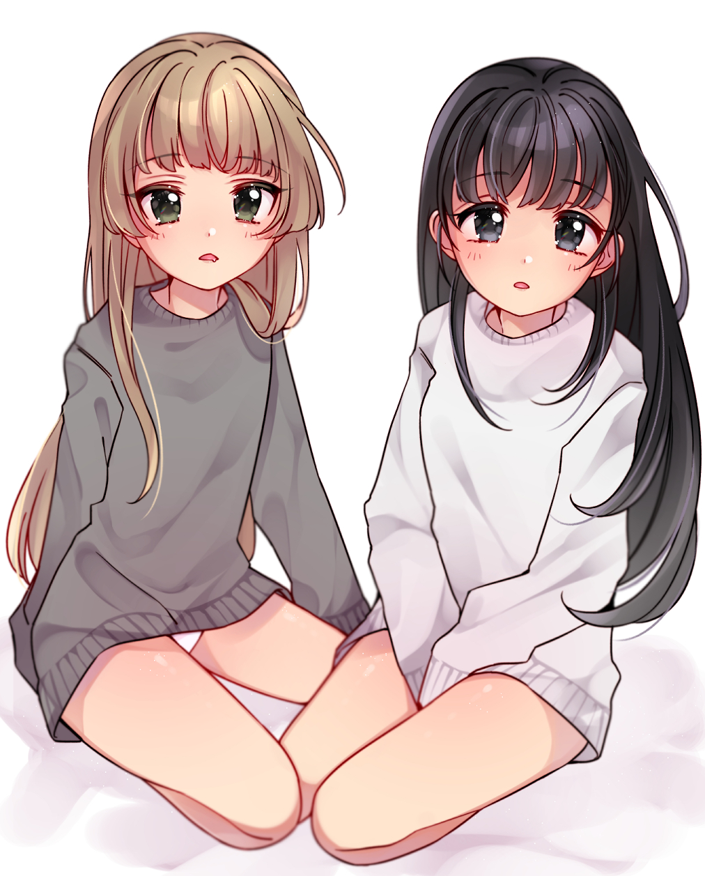 2girls, between_legs, black_eyes, black_hair, brown_hair, fukuyama_mai, ggyoku, green_eyes, grey_sweater, hand_between_legs, highres, idolmaster, idolmaster_cinderella_girls, long_hair, looking_at_viewer, multiple_girls, no_pants, open_mouth, panties, simple_background, sitting, sleeves_past_wrists, sweater, thighs, underwear, white_background, white_panties, white_sweater, yokoyama_chika