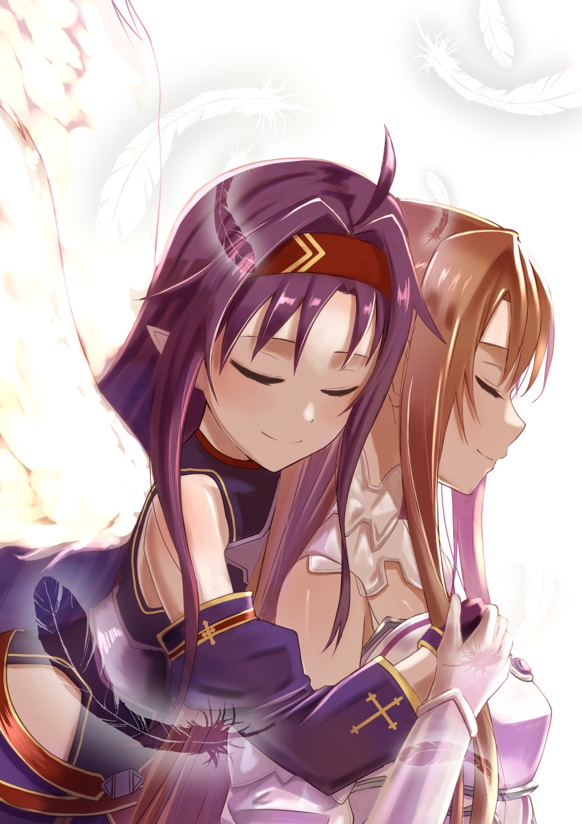 2girls, absurdres, angel_wings, asuna_(stacia), breastplate, brown_hair, closed_eyes, closed_mouth