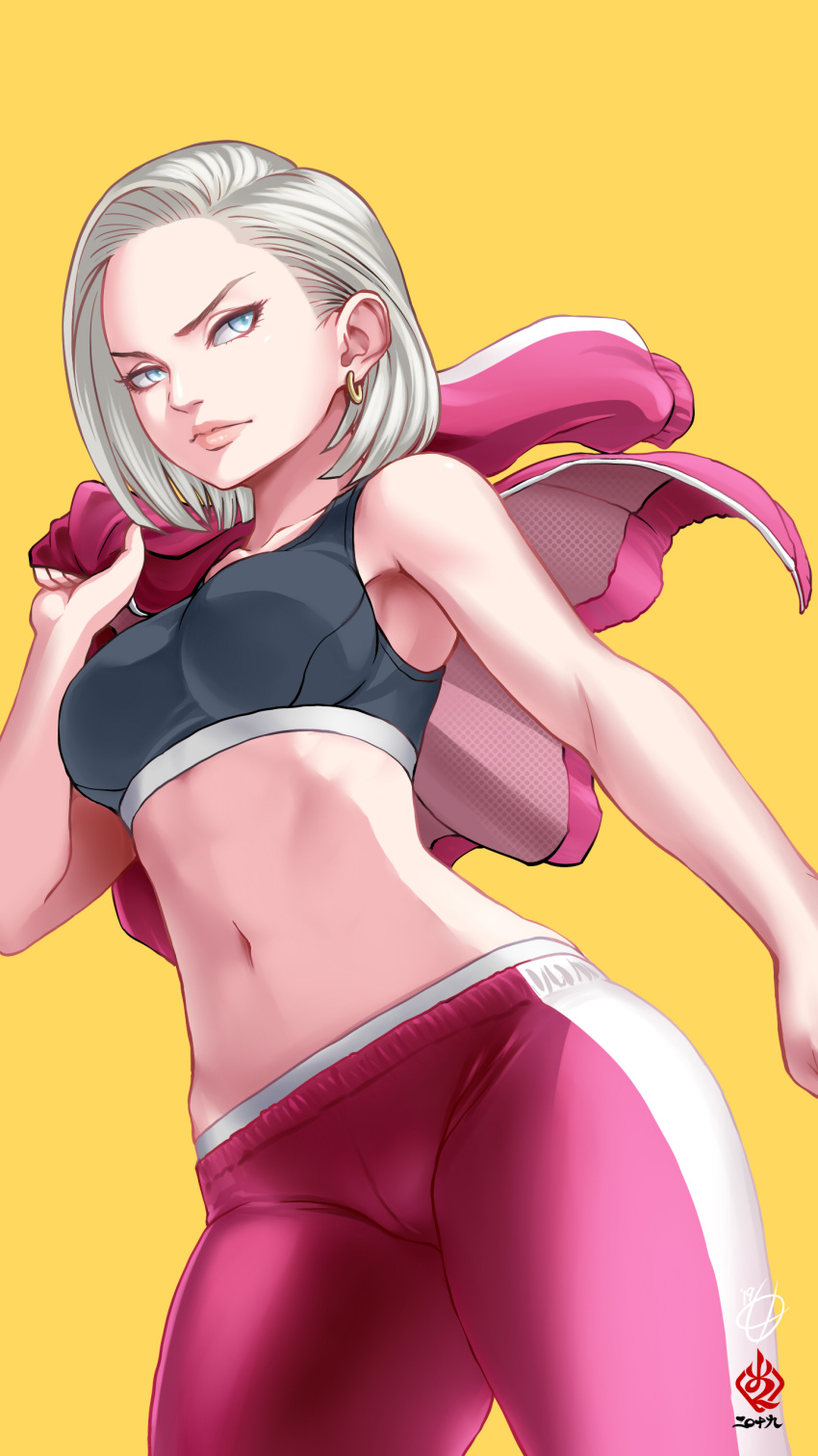 1girl, absurdres, amaguchi_chiyoko, android_18, black_bra, blue_eyes, bra, breasts